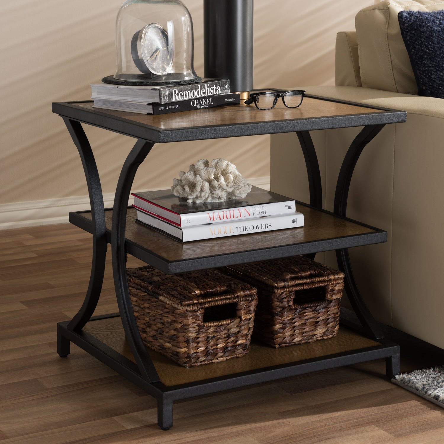 Lancashire End Table Rustic Industrial Style Oak Brown Wood and Black Metal Finish