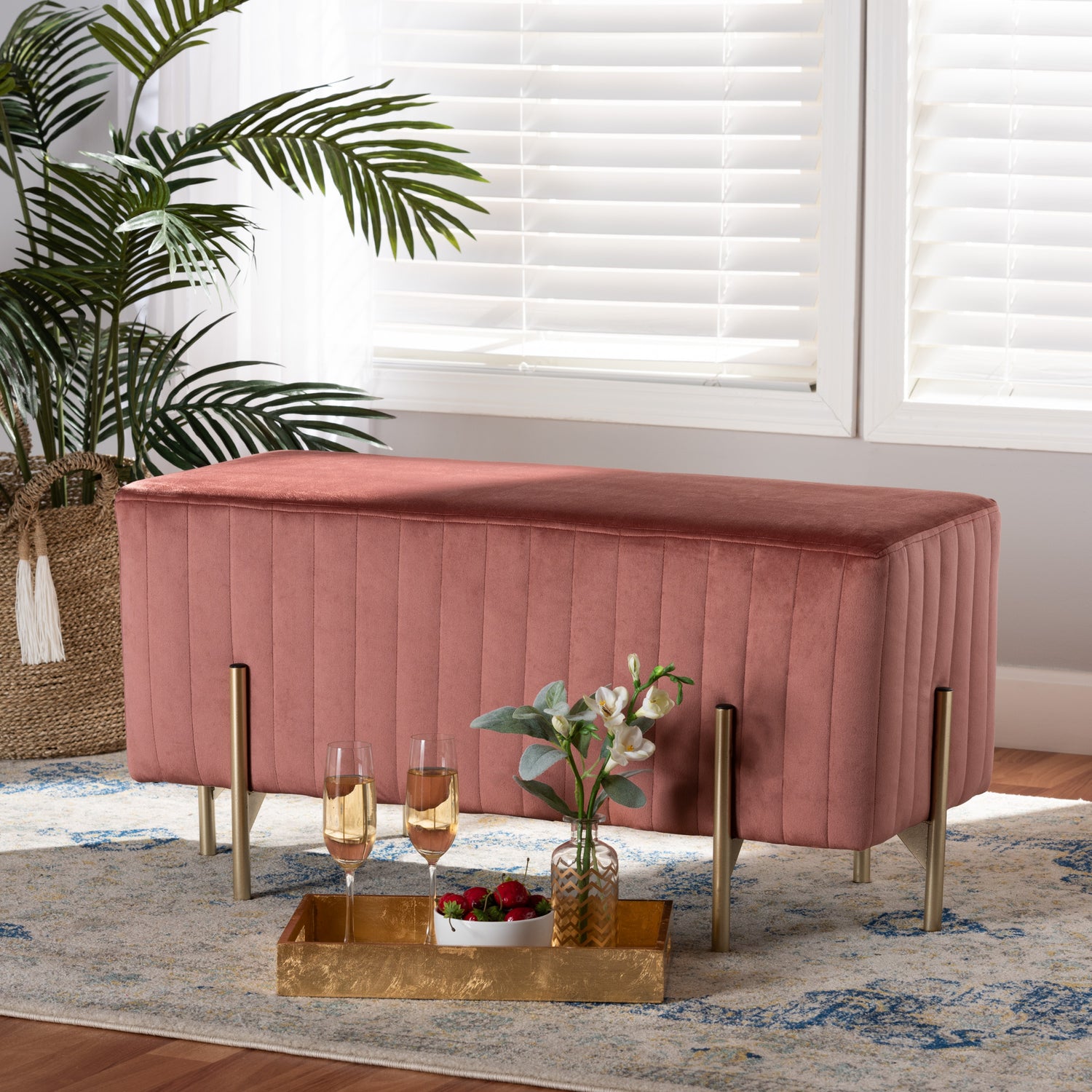 Helaine Bench Ottoman Contemporary Glam and Luxe Blush Pink Fabric Upholstered Gold Metal