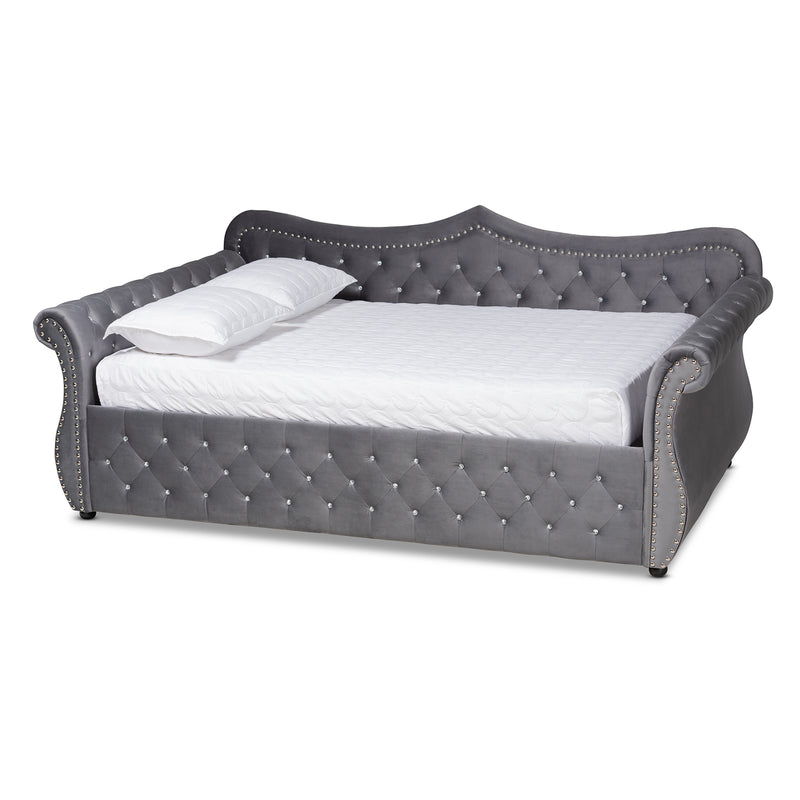 Abbie Daybed - Traditional and Transitional Grey Velvet Fabric Upholstered with Crystal Tufting