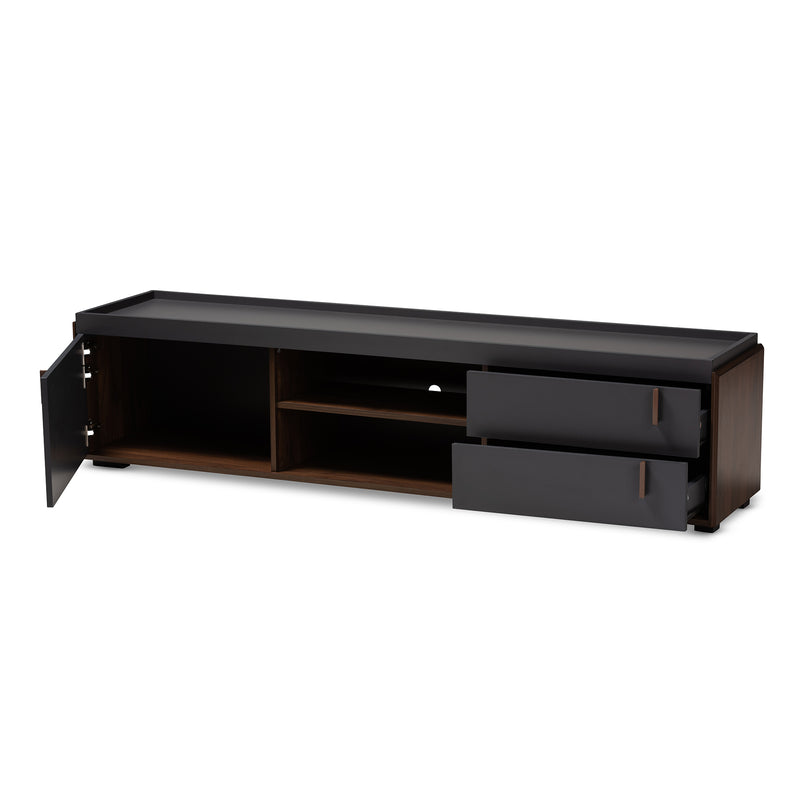 Rikke TV Stand - Modern Two-Tone Gray and Walnut Wood with 2 Drawers for Stylish Living Room Storage