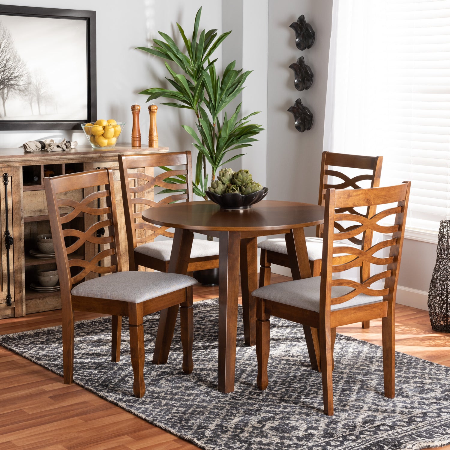 Darina 5-Piece Dining Set Modern Grey Fabric Upholstered Chairs with Walnut Brown Finished Wood Table