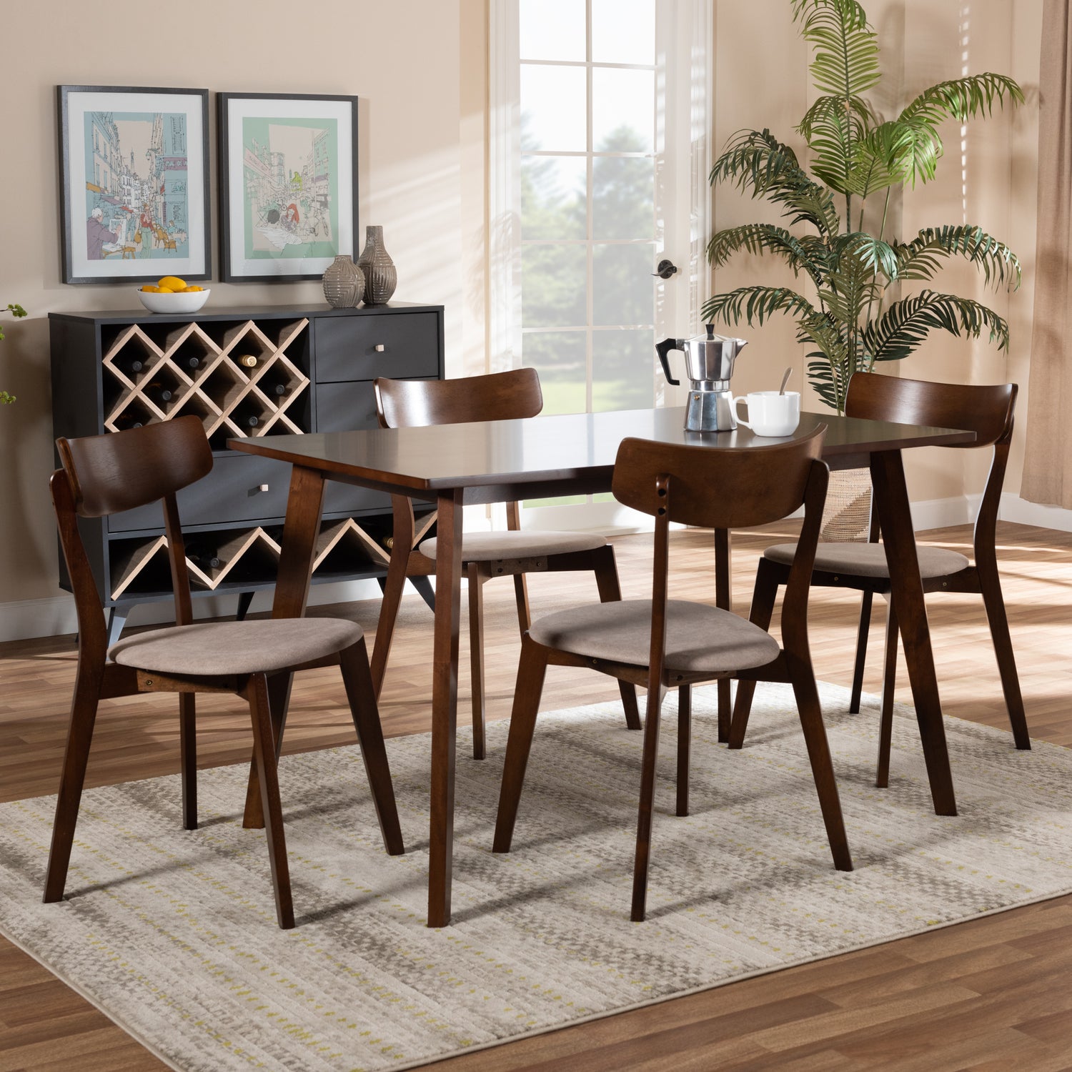 Nori Dining Set Mid-Century Modern Transitional Light Beige Fabric Upholstered Walnut Brown Finished Wood 5-Piece