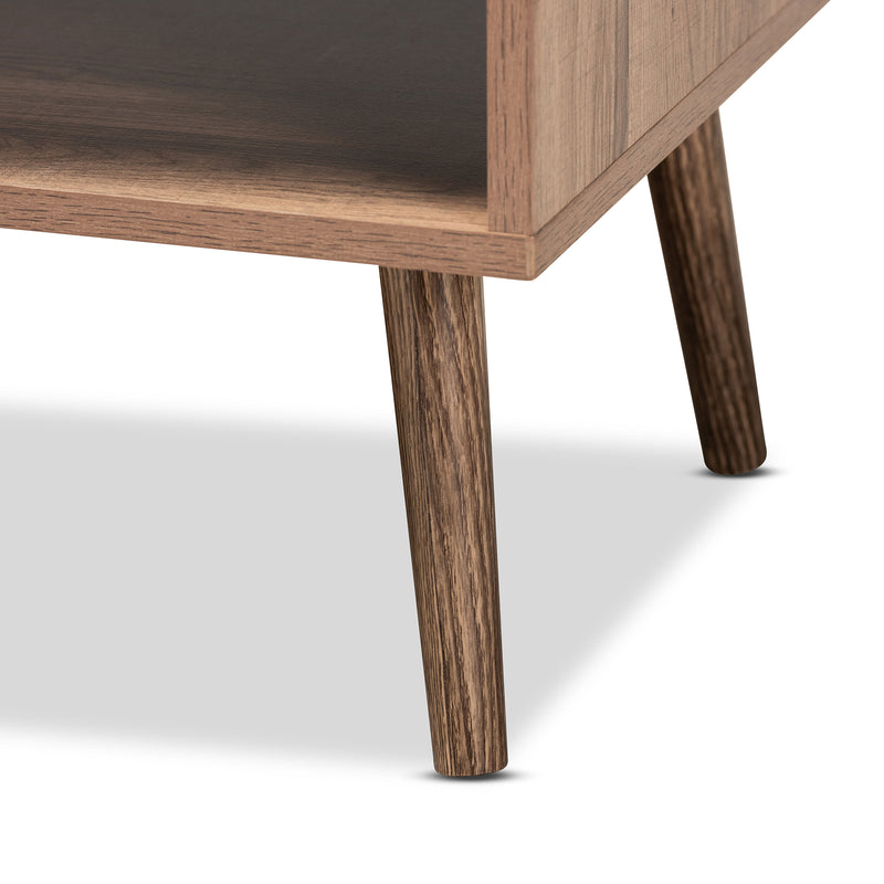 Yuna Coffee Table - Mid-Century Modern Design with Natural Brown Wood and Black Metal, Features 1-Door Storage Solution