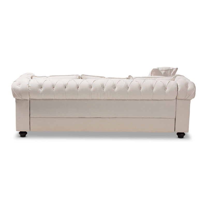 Alaise Sofa Modern Classic Beige Linen Tufted Scroll Arm Chesterfield