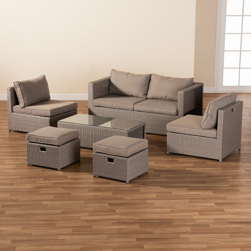 Haina 6-Piece Patio Set Modern Grey Fabric Upholstered Seating with Grey Finished Synthetic Rattan for Outdoor Living Spaces