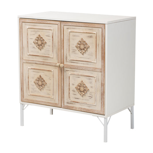 Favian Sideboard Classic Two-Tone Design in White and Weathered Brown Wood with 2 Doors for Stylish Storage