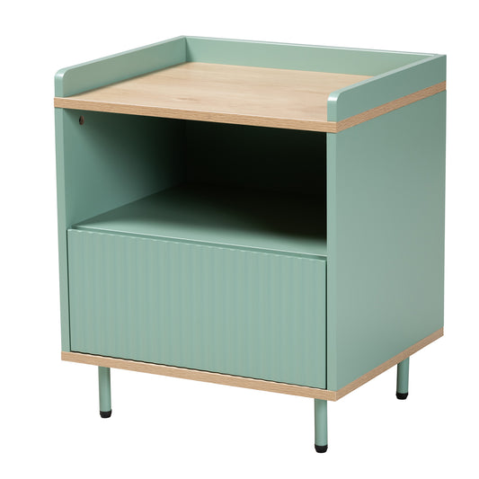 Tavita Mid-Century Modern End Table Two-Tone Mint Green and Oak Brown Wood with 1 Drawer for Stylish Living Room Storage