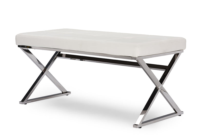 Herald Modern Rectangle Bench in Stainless Steel and White Faux Leather for Contemporary Living Spaces