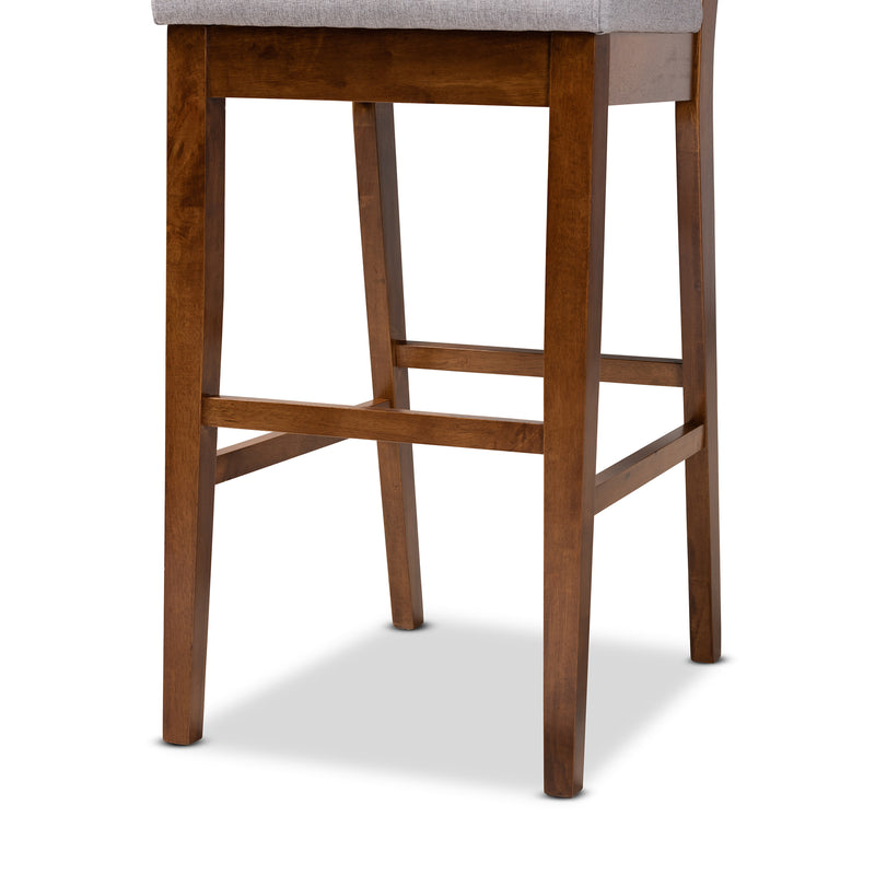 Gideon Bar Stool Set Modern and Contemporary Grey Fabric Upholstered Walnut Brown Finished Wood 2-Piece