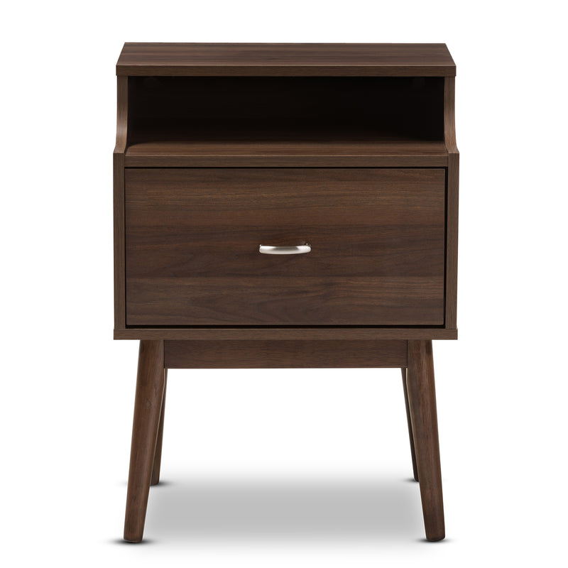 Disa Mid-Century Modern Nightstand Walnut Brown Finish with Storage Drawer and Stylish Design