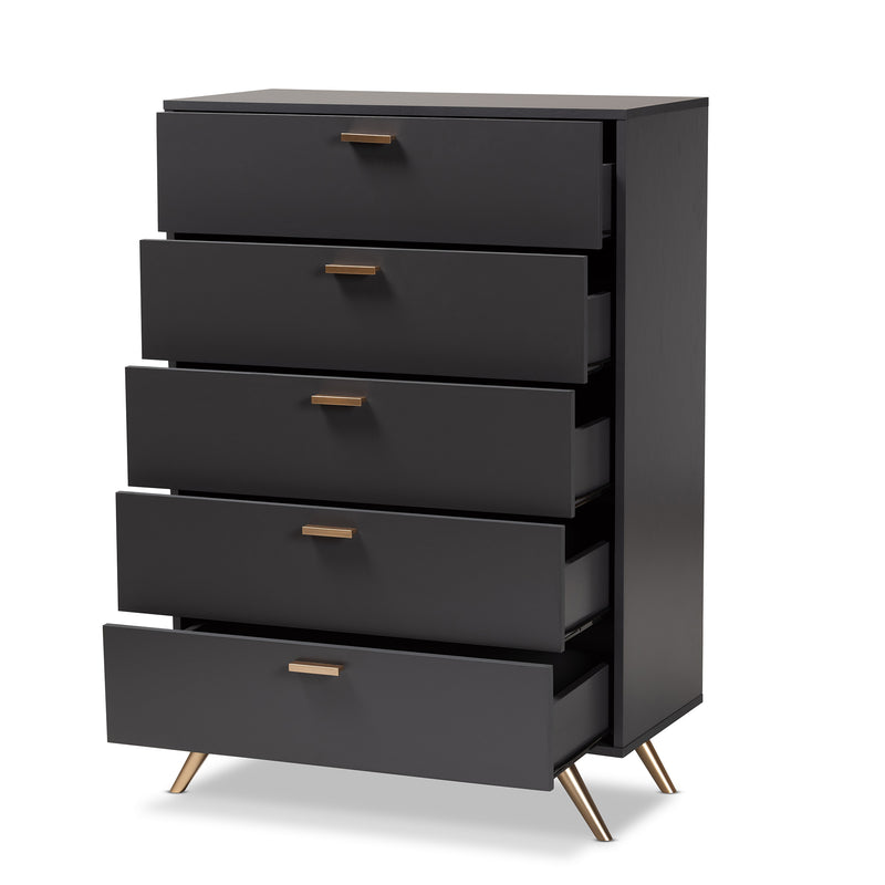 Kelson 5-Drawer Chest in Modern Dark Grey and Gold Finished Wood, Stylish Storage for Bedroom or Living Room