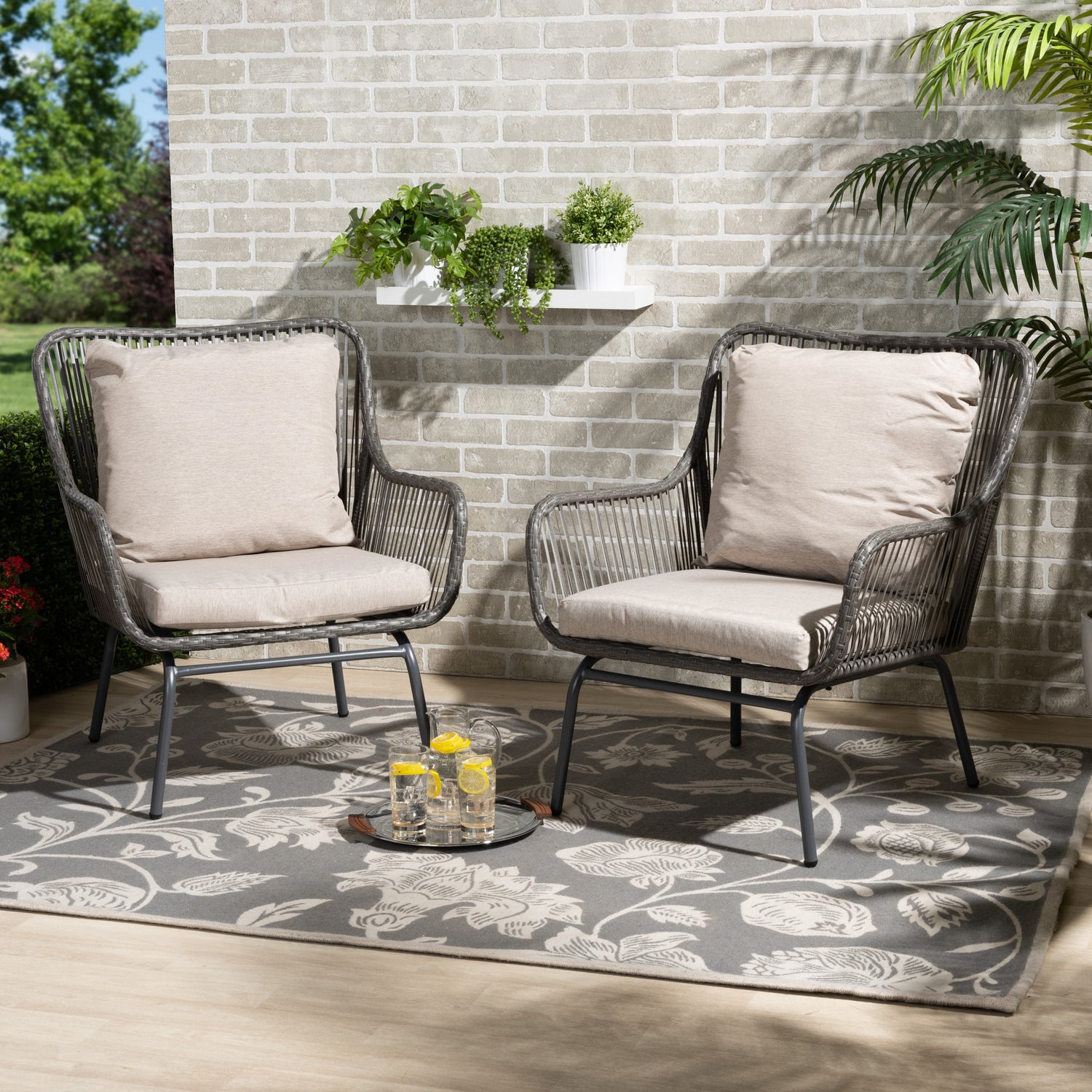 Dermot Patio Chair Set - Modern 2-Piece Upholstered Chairs in Beige Fabric and Grey Synthetic Rattan for Outdoor Living Spaces