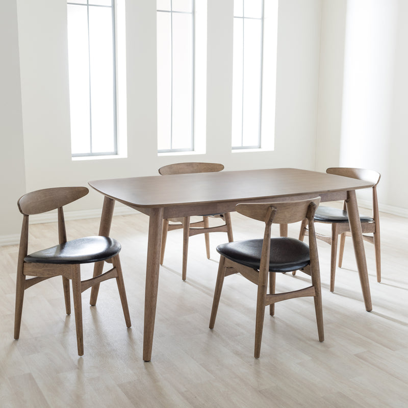 Edna Mid-Century Modern Dining Set - 5-Piece with French Black Faux Leather Chairs and Light Brown Oak Finish Table