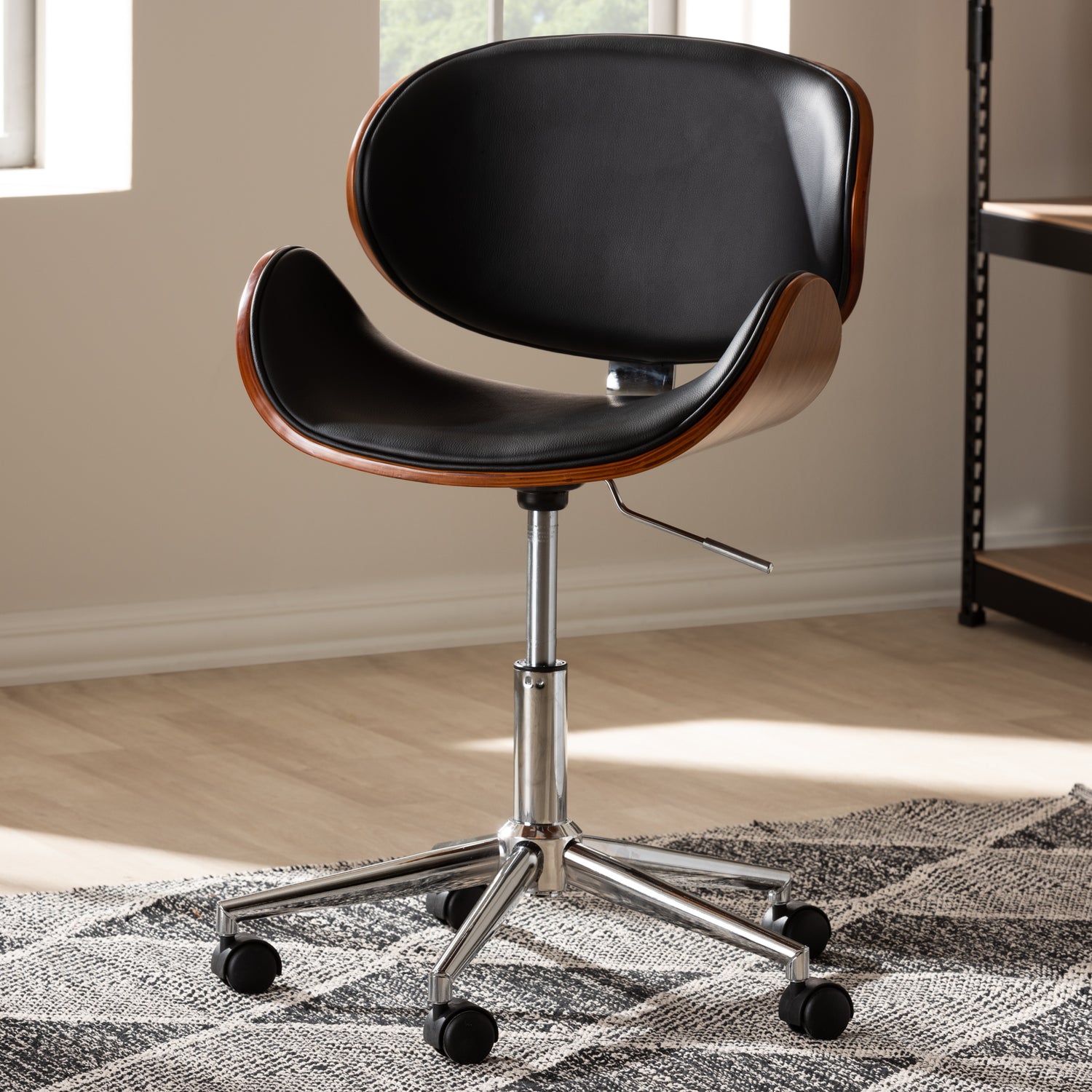 Ambrosio Office Chair Modern Contemporary Black Faux Leather Upholstered Chrome-Finished Metal Adjustable Swivel Design