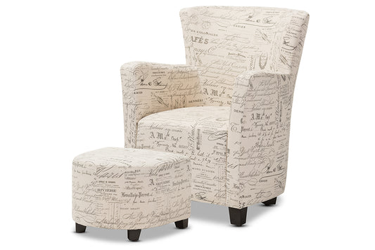 Benson Club Chair and Ottoman Set in French Script Fabric for Stylish Living Room Decor