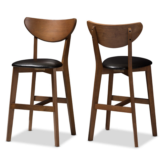 Eline Counter Stool Set of 2 Mid-Century Modern Black Faux Leather with Walnut Finish