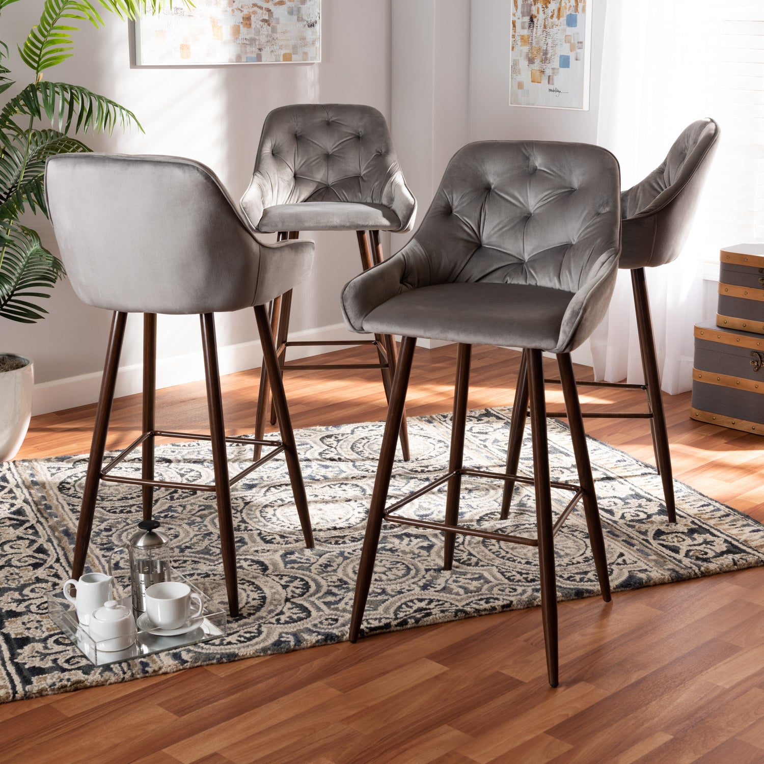 Catherine Bar Stool Set Modern and Contemporary Grey Velvet Fabric Upholstered Walnut Finished 4-Piece