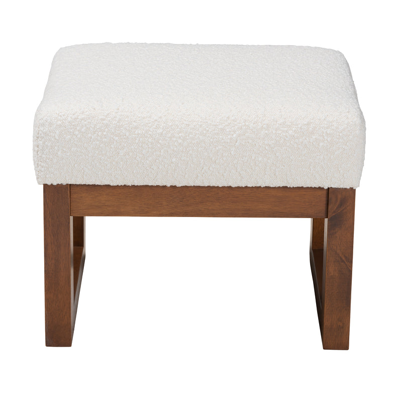 Yashiya Ottoman Mid-Century Modern Off-White Boucle Upholstered Walnut Brown Finished Wood Footstool