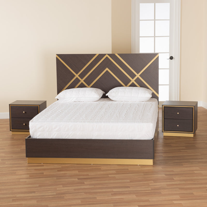 Arcelia Queen Size Bedroom Set Contemporary Glam Luxe 3-Piece Collection in Two-Tone Dark Brown and Gold Finished Wood