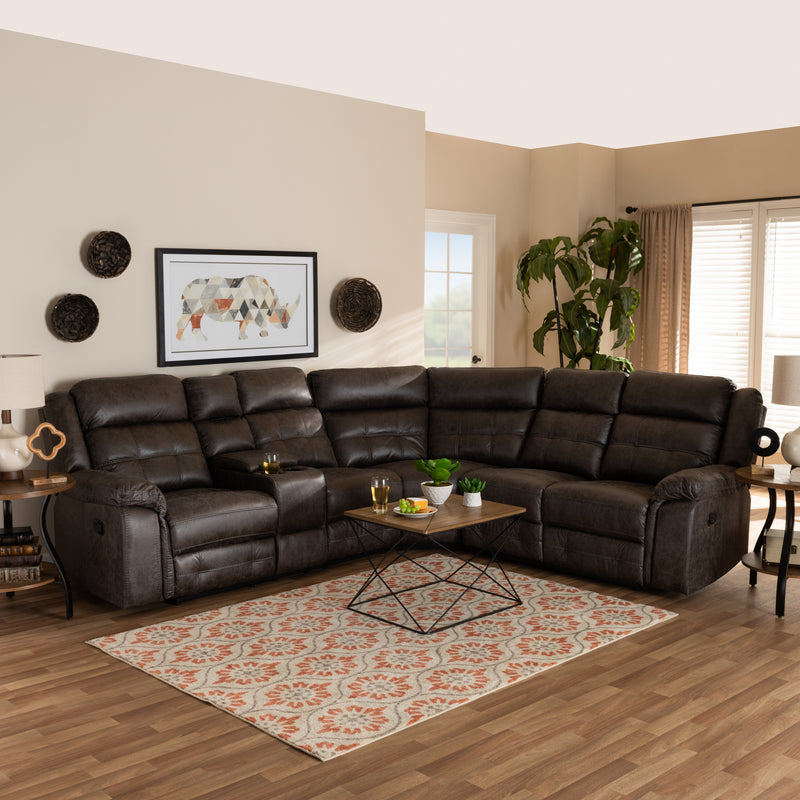 Vesa Sectional Recliner Sofa Modern and Contemporary Brown Leather-Like Fabric Upholstered 6-Piece with 2 Reclining Seats