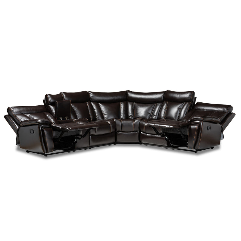 Lewis Modern Contemporary Reclining Sectional Sofa 6-Piece Dark Brown Faux Leather Upholstered Seating for Stylish Living Rooms