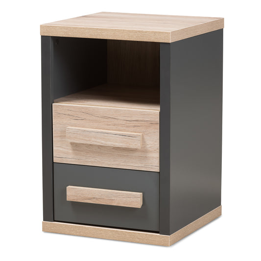 Pandora Nightstand Modern Two-Tone Design in Dark Grey and Light Brown with 2 Drawers for Stylish Bedroom Storage