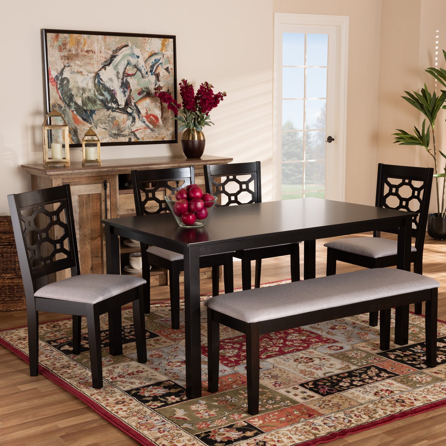 Gabriel Dining Set Modern and Contemporary Grey Fabric Upholstered Dark Brown Finished Wood 6-Piece