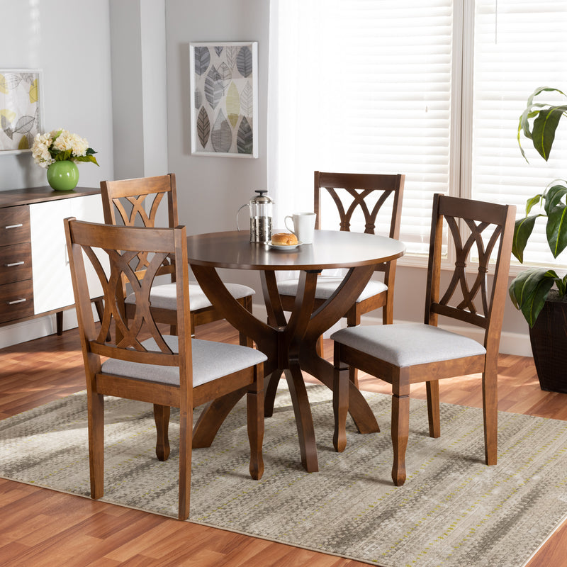 April 5-Piece Dining Set in Modern Style with Grey Fabric Upholstery and Walnut Brown Finished Wood