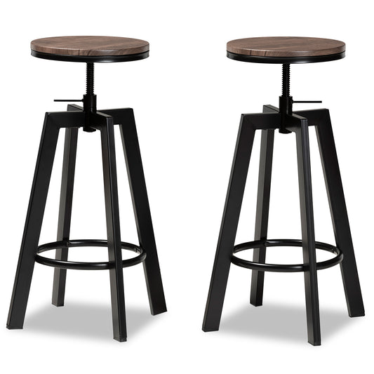 Maritta Vintage Industrial Rustic Bar Stool Set 2-Piece Adjustable Swivel Design with Walnut Wood and Black Metal Frame