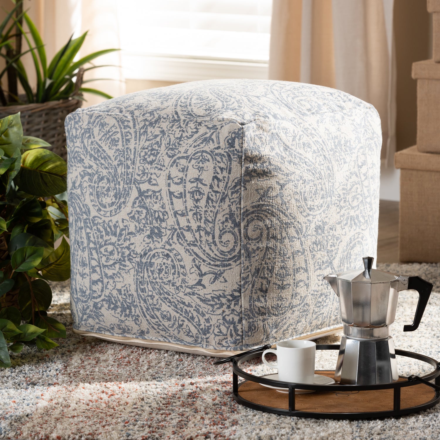 Juvita Pouf Ottoman Modern and Contemporary Grey and Blue Handwoven Cotton Paisley