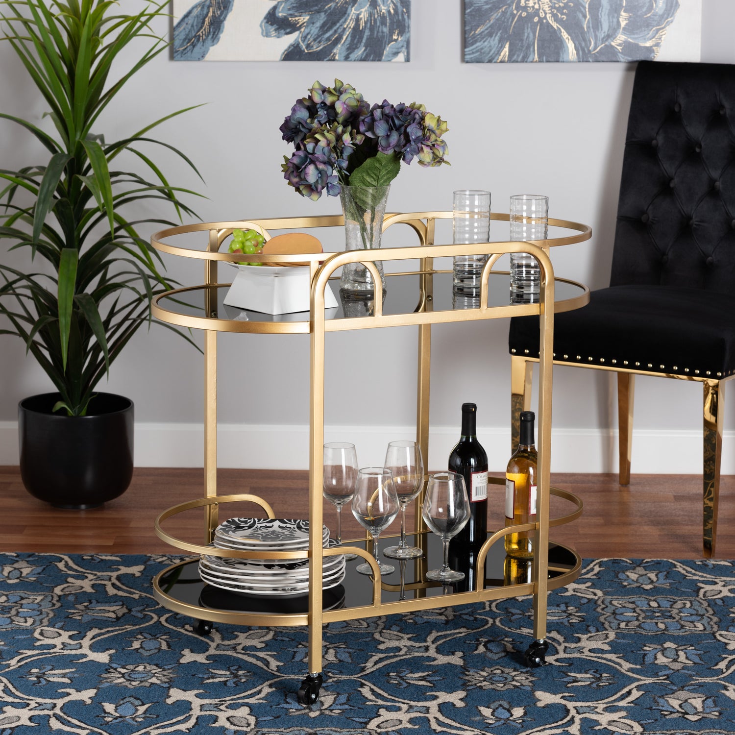 Leighton Wine Cart - Contemporary Glam Luxe Design with Gold Metal and Tempered Glass, 2-Tier Serving Cart