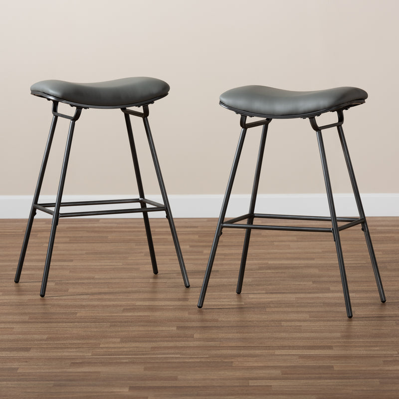 Jette Bar Stool Set - Modern 2-Piece Grey Fabric Upholstered Bar Stools with Dark Grey Metal Frame