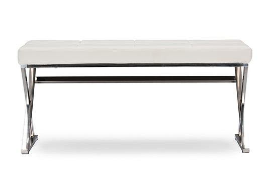 Herald Modern Rectangle Bench in Stainless Steel and White Faux Leather for Contemporary Living Spaces