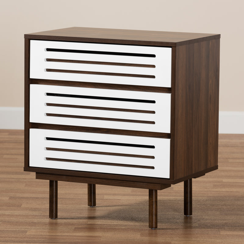 Meike Mid-Century Modern Nightstand - Two-Tone Walnut Brown and White Wood with 3 Drawers for Stylish Bedroom Storage