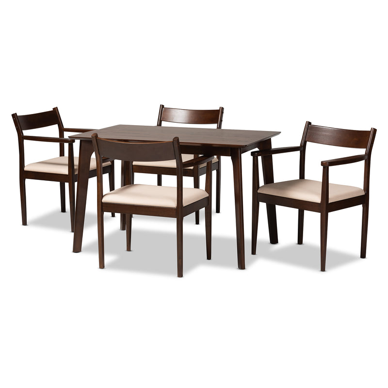 Coretta Dining Set Mid-Century Modern Cream Fabric and Dark Brown Finished Wood 5-Piece