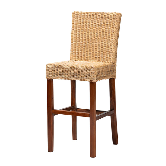 Racquel Bar Stool Modern Bohemian Design Natural Rattan and Mahogany Wood for Stylish Seating