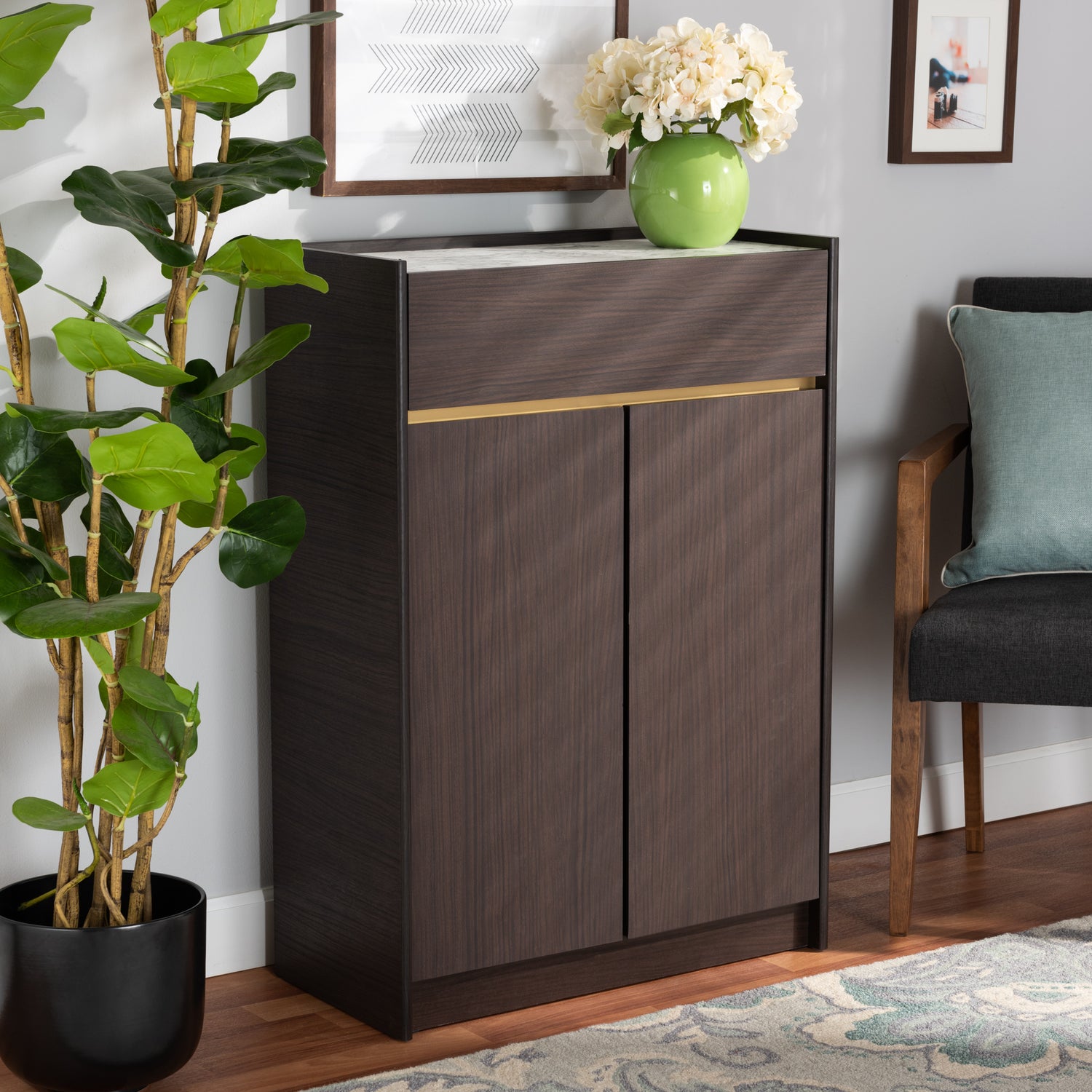 Walker Shoe Cabinet in Modern Design with Dark Brown and Gold Finished Wood and Faux Marble Top for Stylish Storage Solutions