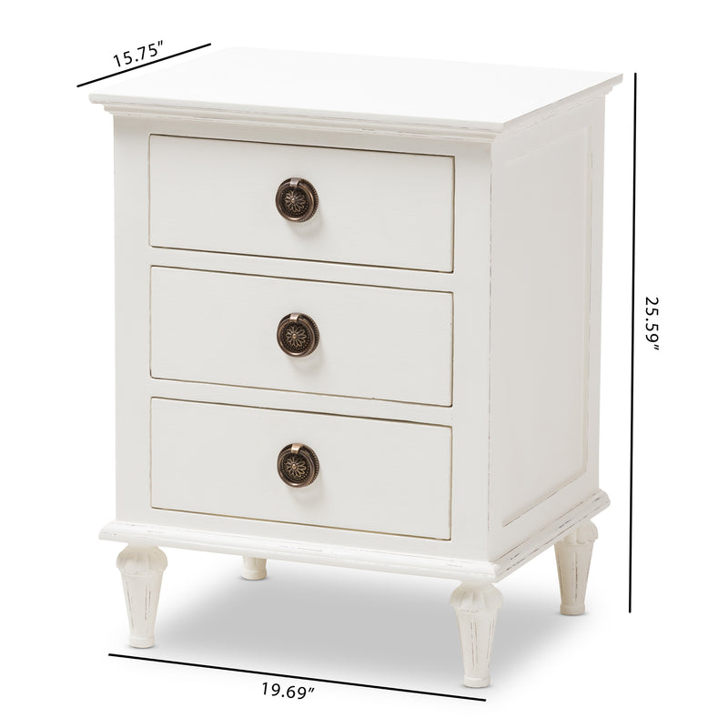 Venezia Nightstand French-Inspired Rustic Whitewash Wood 3-Drawer Storage Solution for Bedroom Decor