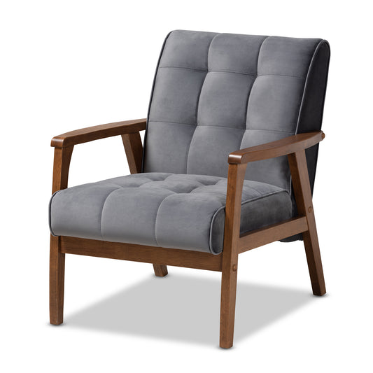 Asta Armchair Mid-Century Modern Grey Velvet Fabric Upholstered Walnut Finished Wood