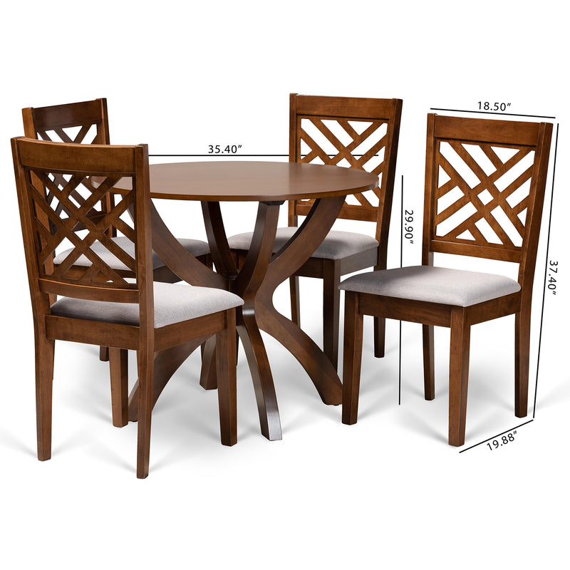 Edona 5-Piece Dining Set Modern Grey Fabric Upholstered Chairs with Walnut Brown Finished Wood Table