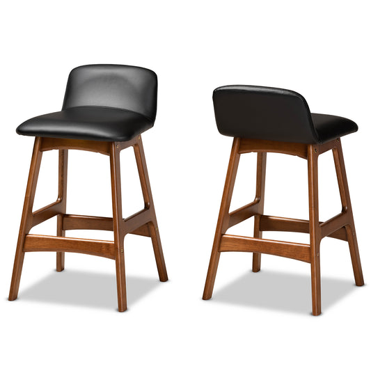 Darrin Mid-Century Modern Counter Stool Set - Black Faux Leather with Walnut Finished Wood, 2-Piece Design for Stylish Dining and Kitchen Seating