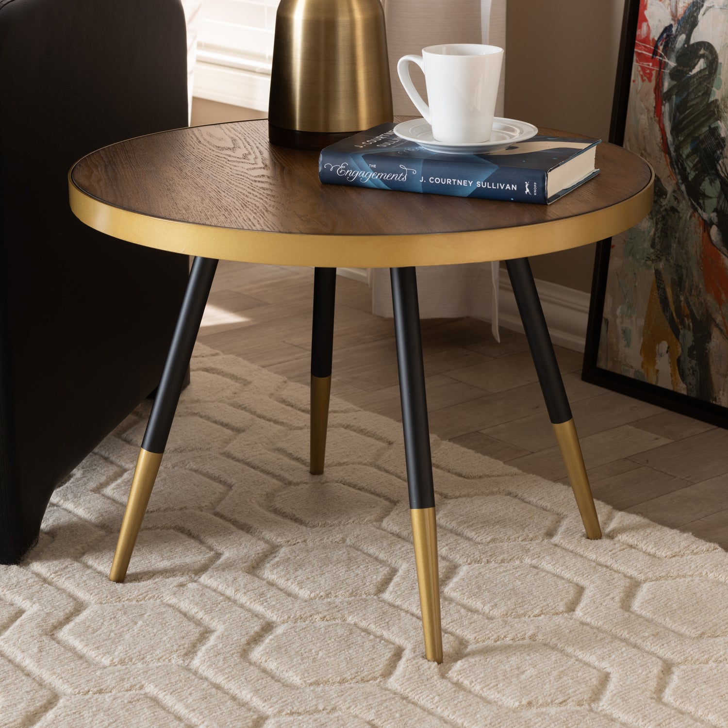 Lauro Coffee Table - Modern Round Design in Walnut Wood with Two-Tone Black and Gold Legs