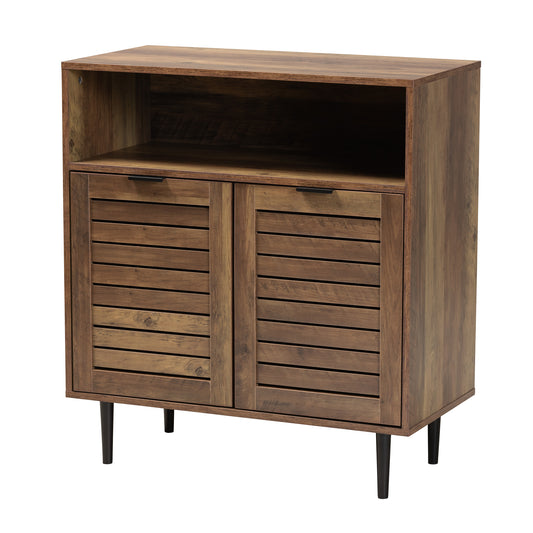 Baylah Sideboard Mid-Century Modern Natural Brown Wood with Black Metal Accents, 2-Door Storage Cabinet for Living or Dining Room