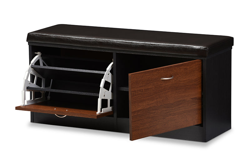 Foley Entryway Storage Bench Modern 2-Tone Dark Brown and Oak Shoe Rack Cabinet Organizer with Cushioned Seating