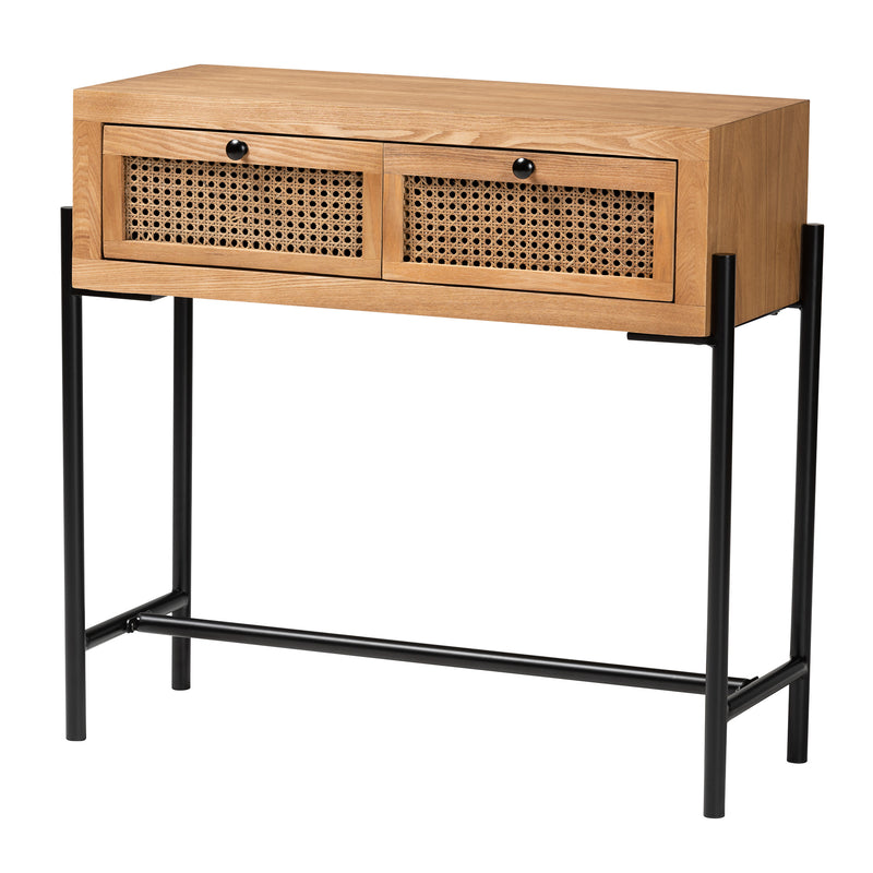 Santino Console Table Modern Industrial Design Natural Brown Wood Black Metal 2 Drawers for Storage and Style