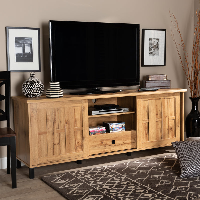 Unna TV Cabinet 70-Inch Dark Brown Wood with 2 Sliding Doors and Drawer