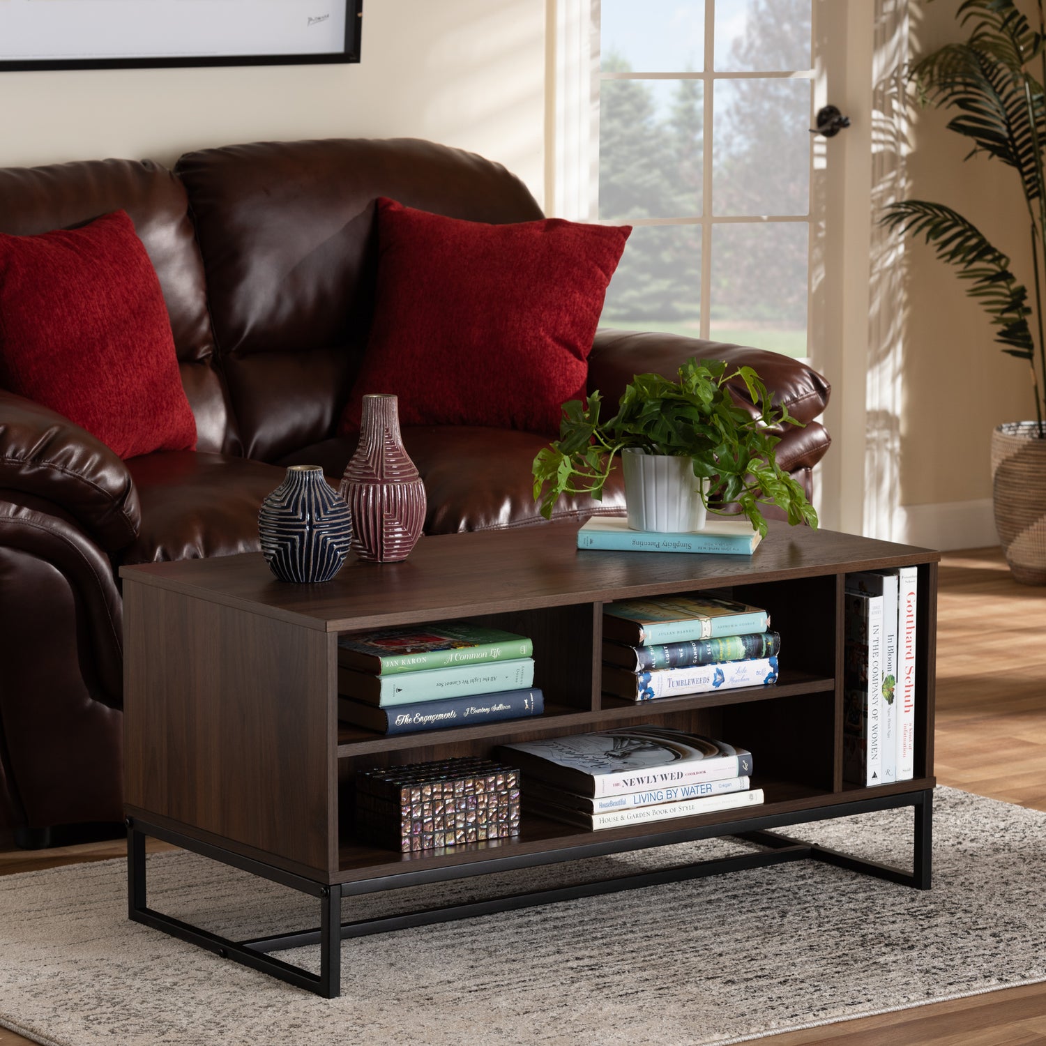 Flannery Coffee Table - Modern Contemporary Design in Walnut Brown Wood with Black Metal Accents