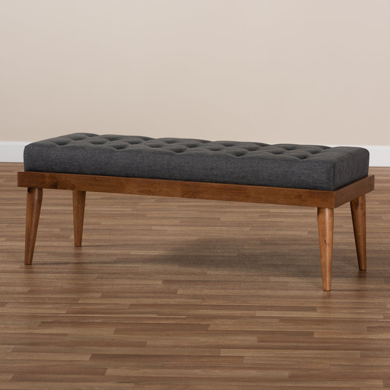 Linus Bench Mid-Century Modern Dark Grey Fabric Upholstered and Button Tufted Wood