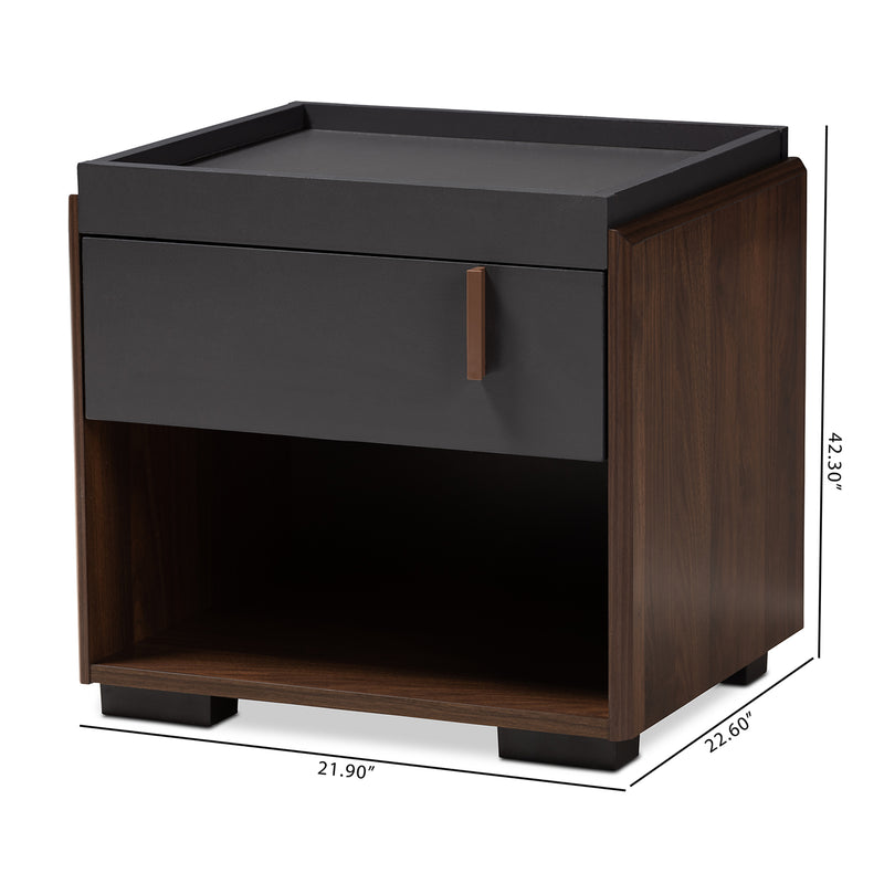 Rikke Nightstand - Modern Two-Tone Gray and Walnut Wood with 1 Drawer for Stylish Bedroom Storage