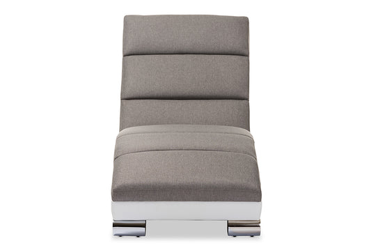 Percy Chaise Lounge Modern Grey Fabric with White Faux Leather Upholstery, Stylish Seating for Living Room or Bedroom